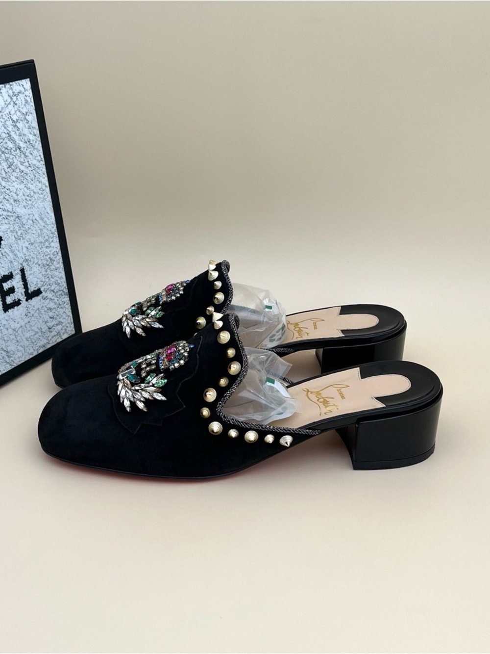 Christian Louboutin Black Suede Pearl & Crystal Embellished Mules